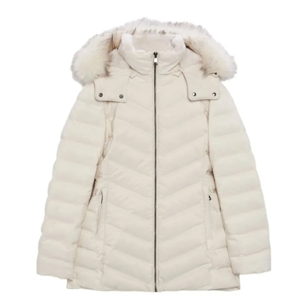 ZARA Ecru Water Wind Protection Hooded Down Coat NWT Size XXL Faux Fur Puffer - Picture 11 of 12
